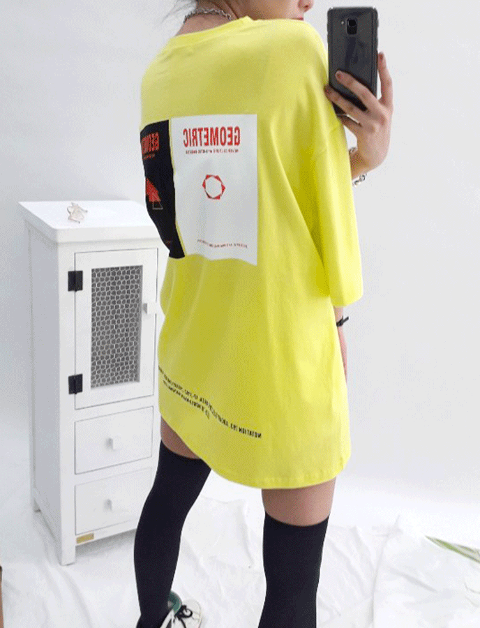 NjN 옐로우 싯 시스템 레터링 오버 박스티 반팔 티셔츠
